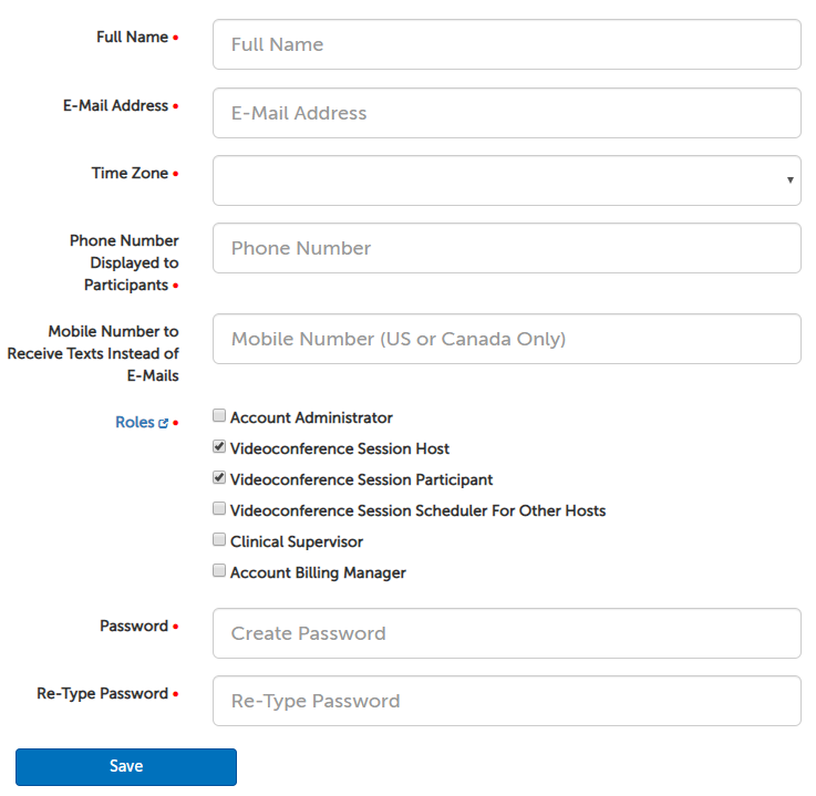 Create New User fields