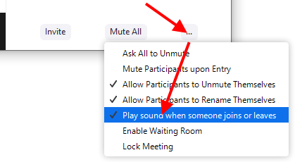Arrow pointing at "..." menu and then "Play sound when someone joins or leaves"