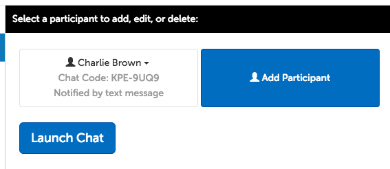 Participant panel (name, chat code, and notification method), "Add Participant" button, and "Launch Chat" button