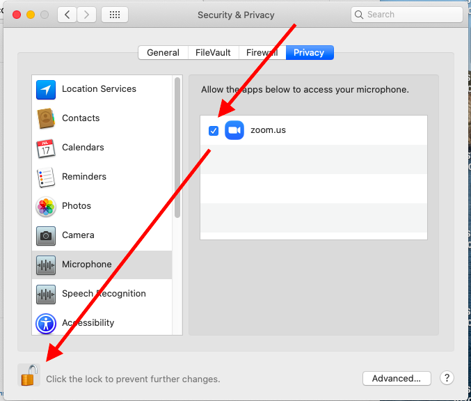 Arrow pointing to checkbox for zoom.us (leave checked) and then another arrow pointing to the lock symbol to save changes.